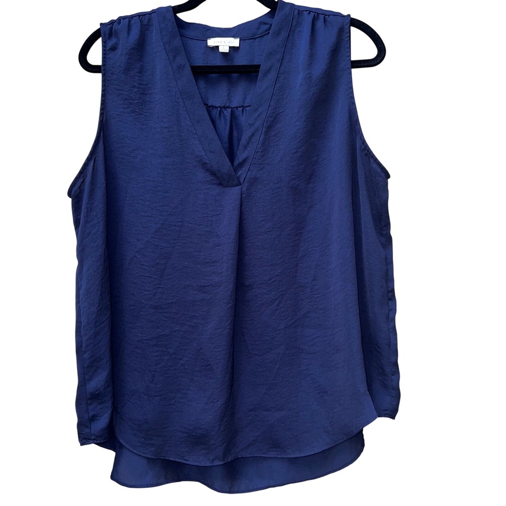 Alex & Lili‎ Navy Blue V-Neck Sleeveless Blouse Pleated Front Top Womens L EUC